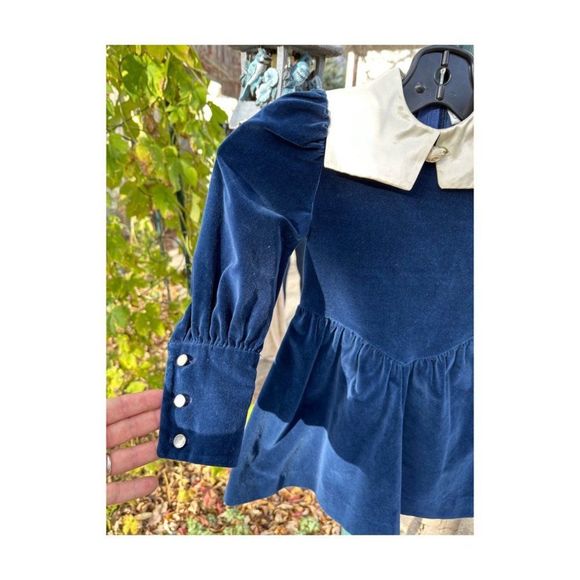 Vtg 70s Manhatten Blue Velvet Party Dress Ivory Satin Sailor Collar Princess Sz - Picture 4 of 10